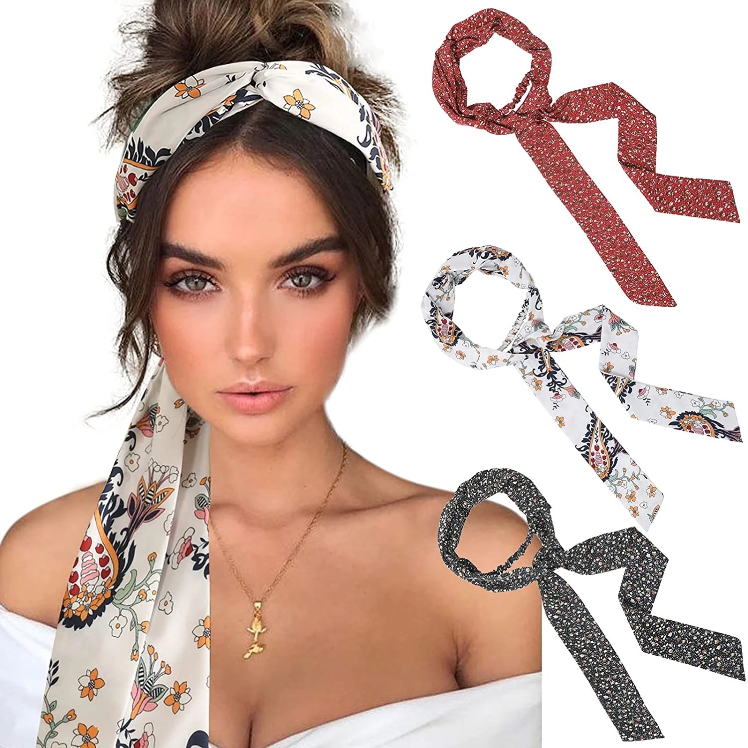 Women Long Head Wraps Bands - Twist Knotted Headbands 3PCS Chiffon Criss Cross Head Wraps Non Slip Hair Band