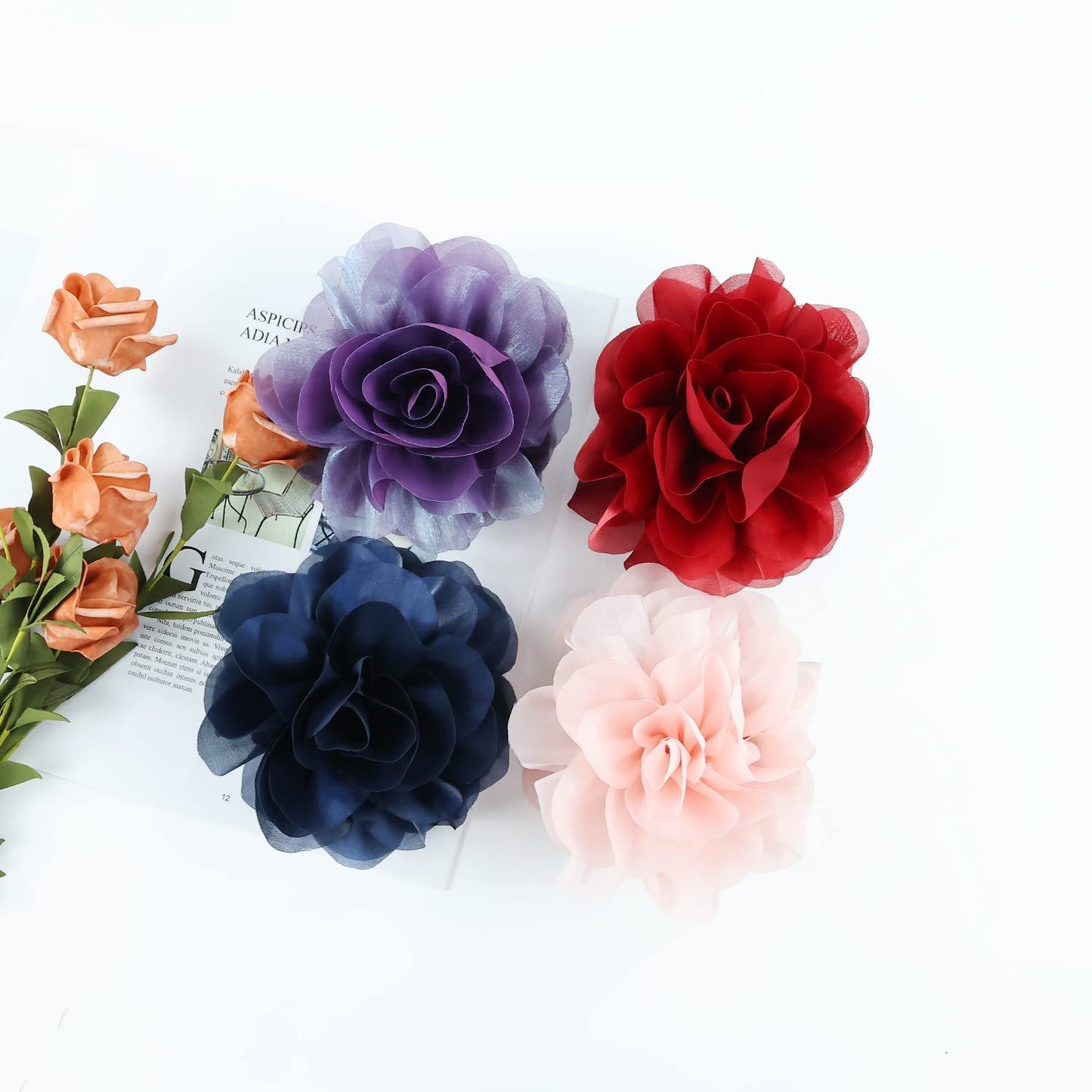 4 Pack Chiffon Big Rose Flower Bow Plastic Hair Claw Clips Barrettes Clamps Pony